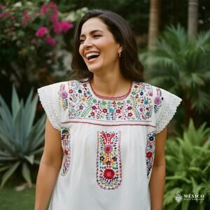 Mexican Embroidered Blouse – Handmade Otomi Floral & Animals Design XLARGE